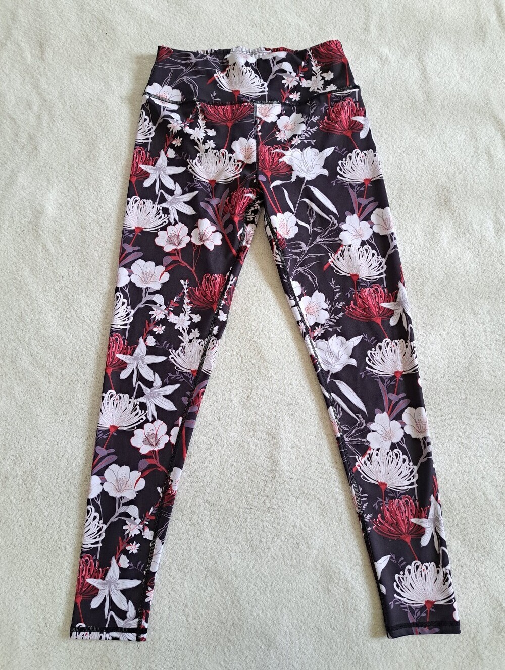 Floral Activewear Leggings Women's Size Medium Black Pink Stretch Workout Casual